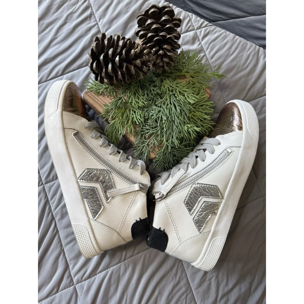 Dolce Vita Zonya Cooper High Top Sneakers White Metallic Silver Gold Women's 8.5